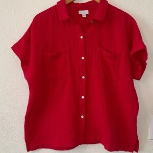 J.Jill 100% Cotton Gauze Dolman Short Sleeve Collared Camp Shirt, Red, Large
